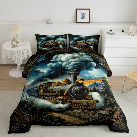 Erosebridal 3D Old Style Train Bedding Sets Twin with Comforter, Railway Track Duvet Insert, Transport Vehicle Decor, Breathable