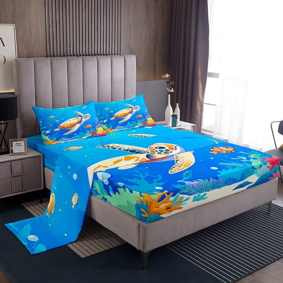Erosebridal Cartoon Sea Turtle Sheet Set Twin,Ocean Animal Bedding Sets Twin Size,Ultra Soft Bed Sheets Twin,Marine Room Decorative,3pcs
