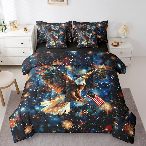 Erosebridal 3D Owl Bedding Sets Twin Size, US Flag Comforter Sets with Sheets, Fourth of July Reversible Bed Set, Lightweight Room Decorative, 7 Pieces