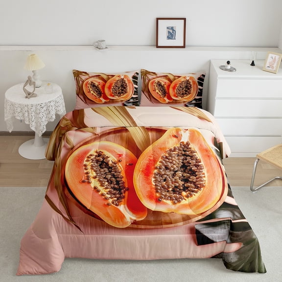 Erosebridal 3D Papaya Bedding King Comforter Set, Tropical Fruit Down Comforter, Vegetable Food Reversible Comforters & Duvets, Super Cozy Room Decorative, 3pcs