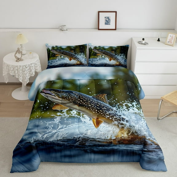 Erosebridal 3D Pike Fish Bedding King Comforter Set, Rustic Fishing Down Comforter, Farmhouse Lake Decor, 3 Pieces