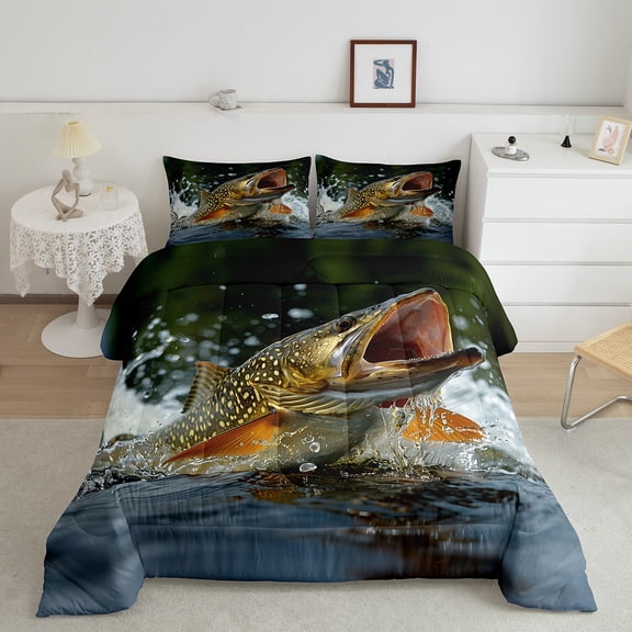 Erosebridal 3D Pike Fish Bedding Sets King with Comforter, Rustic Fishing Duvet Insert, Lake Decor, 3-Piece