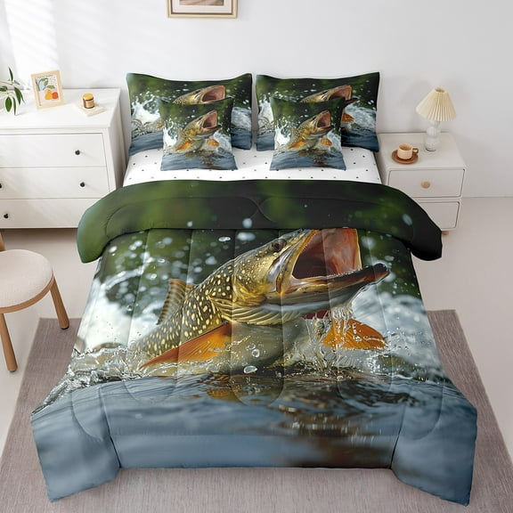 Erosebridal 3D Pike Fish Bedding Sets Twin Size, Rustic Fishing Comforter Sets with Sheets, Lake Decor, 7-Piece