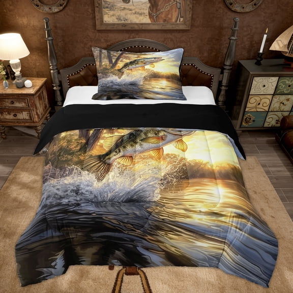 Erosebridal 3D Pike Fish Print Twin Comforter Sets, Rustic Farmhouse Bedding Set, 2 Pieces