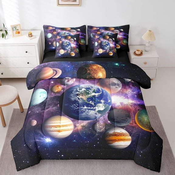 Erosebridal 3D Planet Bed in a Bag, Outer Space Bed Set, Futuristic Galaxy Reversible Comforter Sets, Ultra Soft Room Decor, 7-Piece