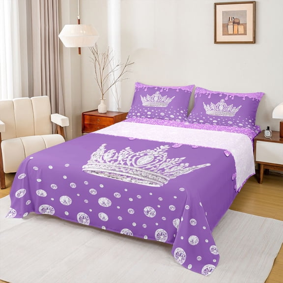 Erosebridal 3D Princess Crown Bed Sheets,Purple Sequin Print King Sheets For Girls Kids 4 Pieces