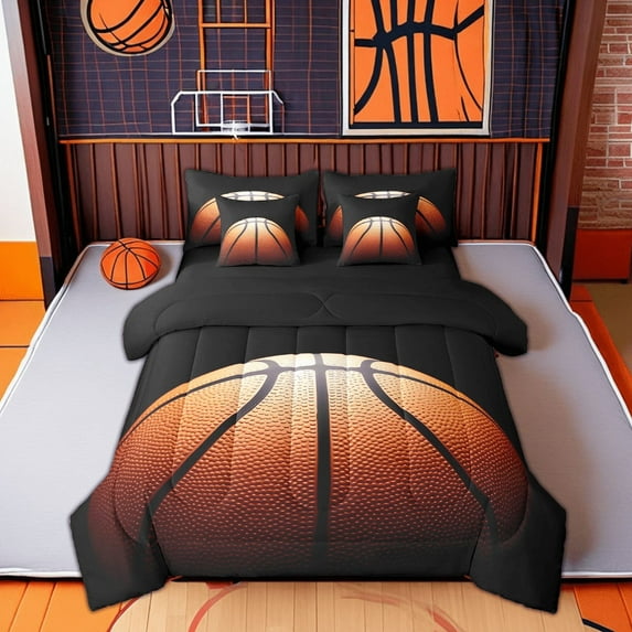 Erosebridal 3D Print Basketball Bedding Sets Twin Size, Teens Youth Sports Comforter Sets with Sheets, Orange Black Room Decor, Reversible 7-Piece
