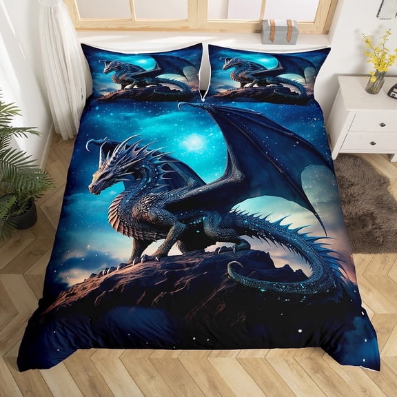 Erosebridal 3D Print Dragon Bedding Set Full Magical Pterosaur Comforter Cover, Magic Dinosaur Bed Set Sparkling Stars Duvet Cover, Psychedelic Galaxy Quilt Cover Soft 3pcs (No Comforter)