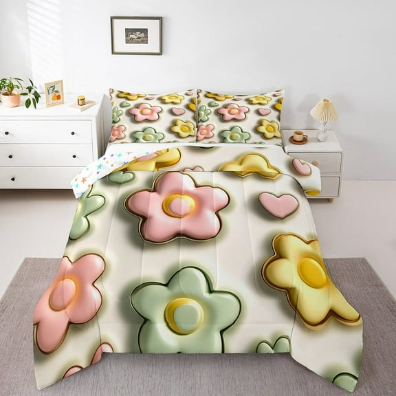 Erosebridal 3D Print Flower Bedding Sets Full with Comforter,Kawaii Flower Duvet Insert,Botanical Plants Comforter Sets Full Size,Super Cozy Floral Room Decoration,Reversible,3pcs