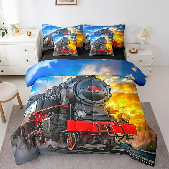 Erosebridal 3D Print Train Bedding Sets Twin Size,Steam Engine Comforter Sets with Sheets,Transportation Theme Bed in a Bag Twin size,Breathable Teenager Bedroom Decor,Reversible,7-Piece