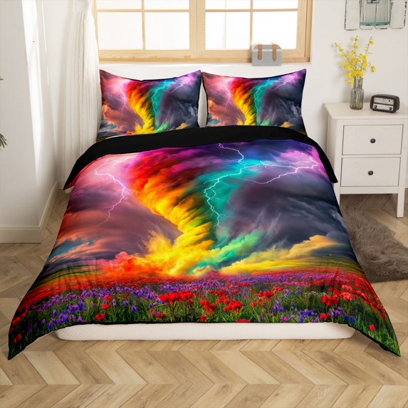 Erosebridal 3D Printed Tornado Comforter Cover Full, Rainbow Bedding Full Size, Red Purple Flower Decor, Reversible