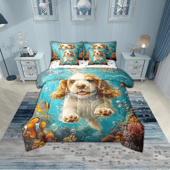 Erosebridal 3D Pug Bedding Sets Twin Size, Teal Ocean Comforter Sets with Sheets, Cute Dog Animal Decor, Reversible 7pcs