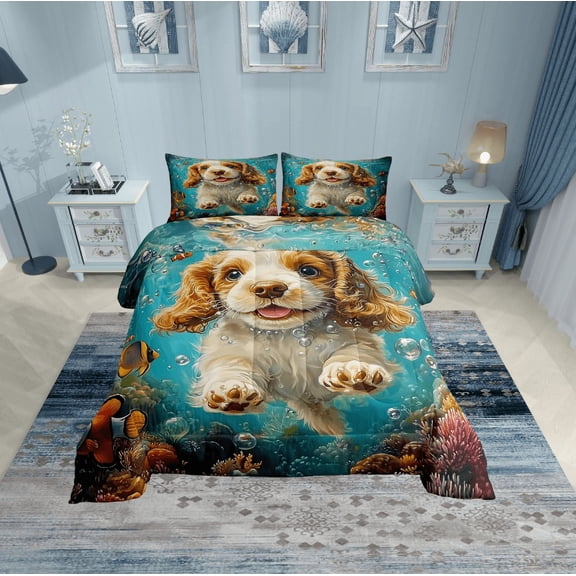 Erosebridal 3D Pug Bedding Sets Twin with Comforter, Teal Ocean Duvet Insert, Cute Dog Animal Decor, Breathable 2pcs