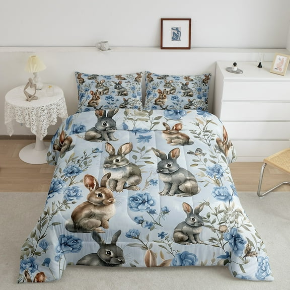 Erosebridal 3D Rabbit Bedding Full Comforter Set, Vintage Flower Floral Down Comforter, Blue, Microfiber 3-Piece