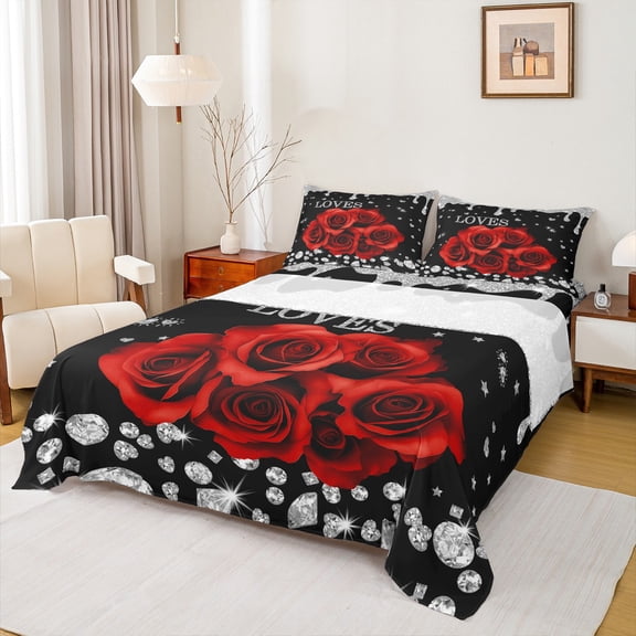 Erosebridal 3D Red Rose Print Bed Sheets Red And Black Sheet Sheet Set Queen Rose Flower Gifts Bedding For Her Women Men Couple friend Romantic Floral Glitter Sequins Diamond Fitted Sheet 4 Pcs