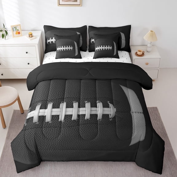Erosebridal 3D Rugby Bed in a Bag Queen size, Black Grey Bedding Queen Size, Football Soccer Reversible Comforter Sets with Sheets, Ultra Soft Bedroom Decoration, 7 Pieces