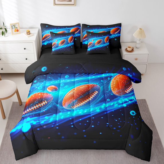 Erosebridal 3D Rugby Print Bed in a Bag King size, Neon Blue Bed Set, Sports Lover Decor, Reversible 7 Pieces