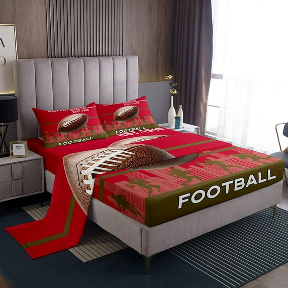 Erosebridal 3D Rugby Print Queen Sheet Sets, Football Soccer Bedding Queen Size, Eat Sleep Decor 4pcs