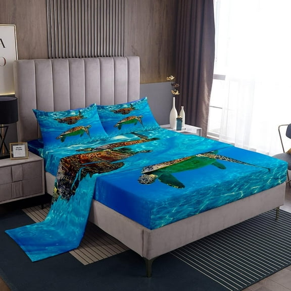 Erosebridal 3D Sea Turtle Bed Sheets Blue Ocean Sheet Set ,Nautical Sea Animal Fitted Sheet Aquarium Underwater World Top Sheet Coastal Creature Reptile Bedroom Decor Twin