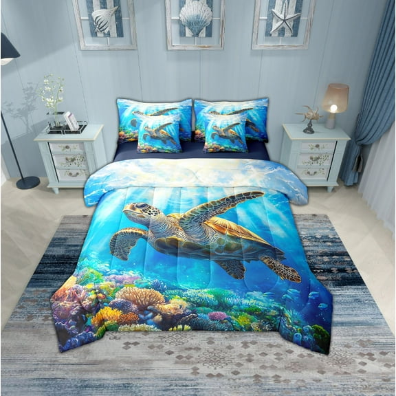 Erosebridal 3D Sea Turtle Bedding Full Size, Underwater World Bed Set, Marine Coral Reversible Bedding Sets Full Size, Super Cozy Room Decor, 7 Pieces