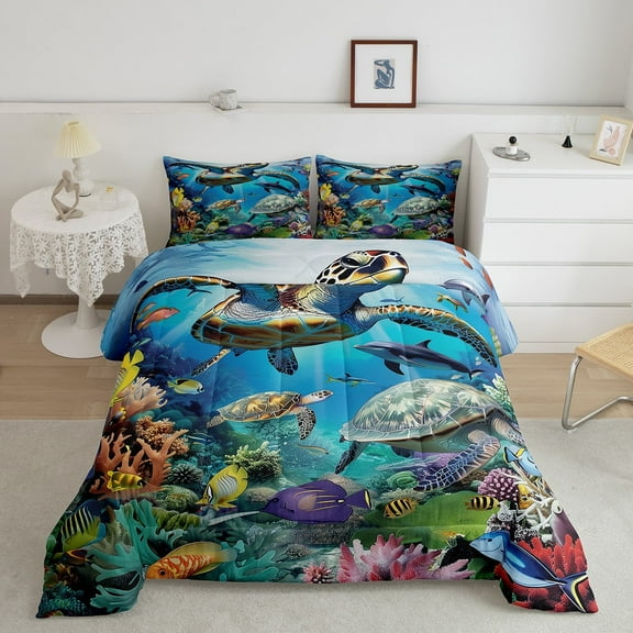 Erosebridal 3D Sea Turtle Bedding Sets Twin with Comforter, Colorful Fish Duvet Insert, Cute Sealife Decor, Lightweight 2-Piece