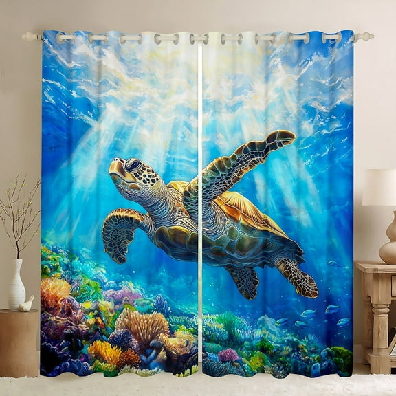 Erosebridal 3D Sea Turtle Curtains and Drapes (38x45), Underwater World 30%-50% Blackout Curtains for Bedroom, Marine Coral Curtains for Living Room, Window Drapes Room Decor