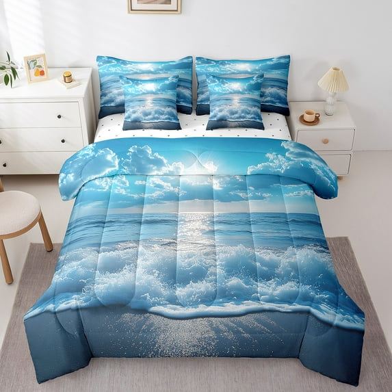Erosebridal 3D Sea Wave Bed in a Bag King Size, Marine Ocean Theme Bed Set, Blue Seaside Bedroom Decor, Reversible 7pcs