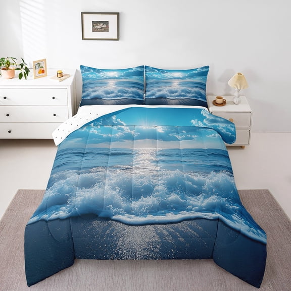 Erosebridal 3D Sea Wave Bedding Sets Queen with Comforter, Marine Ocean Theme Duvet Insert, Blue Seaside Bedroom Decor, Reversible 3pcs