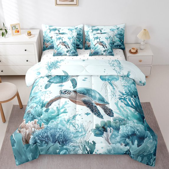 Erosebridal Cartoon Sea Turtle Bedding King Size, Ocean Animal Bed in a Bag King size, Watercolor Coralline Decor, Reversible