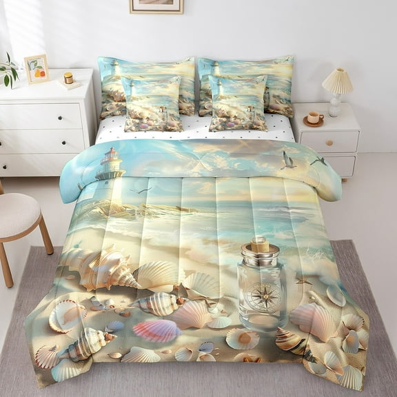 Erosebridal 3D Seashell Bed in a Bag Queen size, Ocean Beach Bed Set, Marine Lighthouse Reversible Bedding Queen Size, Microfiber Bedroom Decor, 7 Pieces