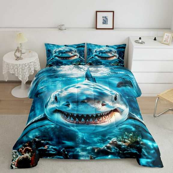 Erosebridal 3D Shark Comforter Sets Queen Size, Ocean Animal Comforters & Duvets, Underwater World Duvet Insert, Microfiber Room Decorative, 3 Pieces