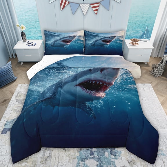 Erosebridal 3D Shark Print Queen Comforter Set for Kids, Ocean Animal Bedding Comforter Set, 3pcs