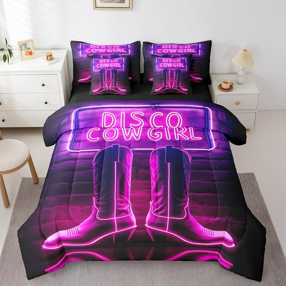 Erosebridal 3D Shoes Bed in a Bag Twin size, Western Cowgirl Bed Set, Neon Purple, Reversible 7 Pieces