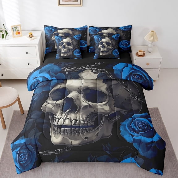 Erosebridal 3D Skeleton Bedding Sets Queen Size, Rose Floral Comforter Sets with Sheets, Romantic Skull Reversible Bed Set, Breathable Bedroom Decoration, 7-Piece
