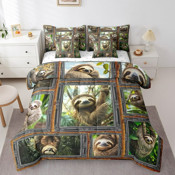 Erosebridal 3D Sloth Bedding Sets Queen Size, Jungle Wildlife Comforter Sets with Sheets, Patchwork Animal Bed Set, Super Cozy Bedroom Decoration, 7pcs