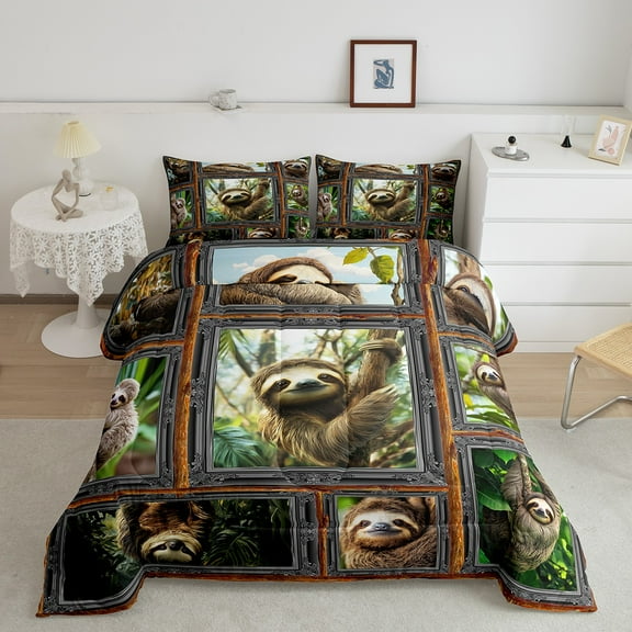 Erosebridal 3D Sloth Comforter Sets Full Size, Jungle Wildlife Comforters & Duvets, Patchwork Animal Duvet Insert, Super Cozy Bedroom Decoration, 3pcs