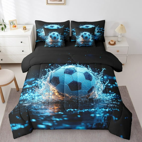 Erosebridal 3D Soccer Print Bed in a Bag Twin size, Blue Water Bed Set, Sports Player Decor, Reversible