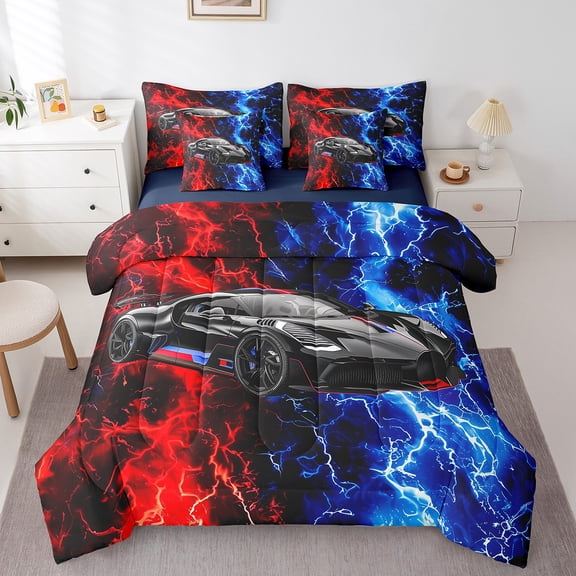 Erosebridal 3D Sport Car Bed in a Bag Full size, Racing Bed Set, Nature Lightning Reversible Bedding Full Size, Microfiber Bedroom Decoration, 7 Pieces