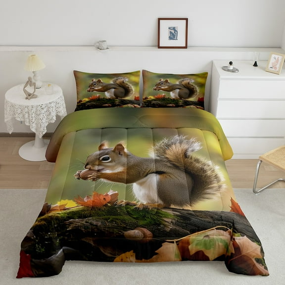 Erosebridal 3D Squirrel Bedding Full Comforter Set, Maple Leaf Down Comforter, Kawaii Animal Comforters & Duvets, Microfiber Room Decoration, 3 Pieces