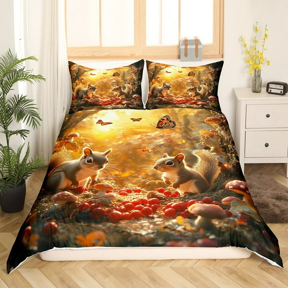 Erosebridal 3D Squirrel Duvet Cover Full, Kawaii Animal Comforter Cover Full, Jungle Plant Decor, 3 Pieces（No Comforter）
