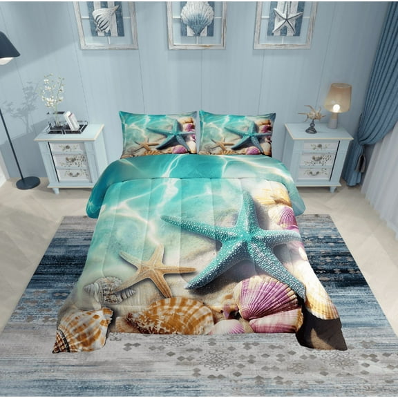 Erosebridal 3D Starfish Bedding Twin Comforter Set, Kawaii Seashell Down Comforter, Blue Ocean Reversible Comforter Sets Twin Size, Ultra Soft Bedroom Decor, 2 Pieces