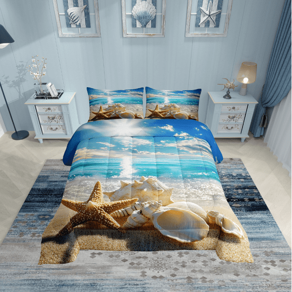 Erosebridal 3D Starfish Comforter Sets Twin Size, Kawaii Seashell Comforters & Duvets, Ocean Beach Duvet Insert, Super Cozy Room Decoration, 2-Piece