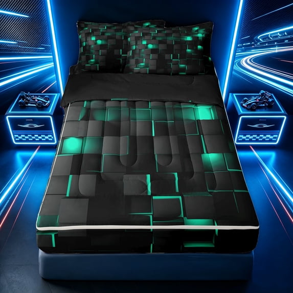 Erosebridal 3D Teal Black Abstract Zipper Queen Comforter Set with Fitted Sheet and 2 Pillowcases for Boys Men, Neon Glow Texture Print Zipper Bedding Set, Black Reversible, 4-Piece