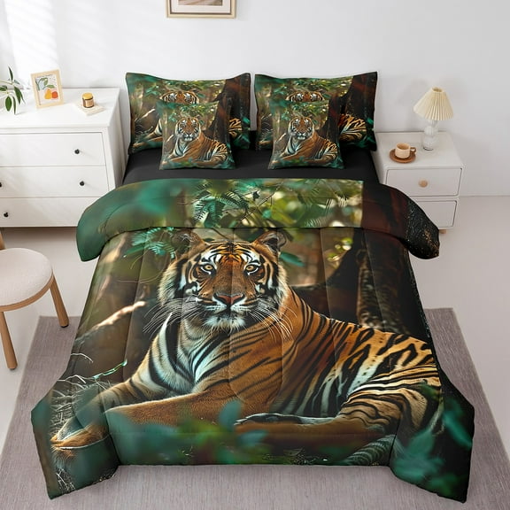 Erosebridal 3D Tiger Bedding Twin Size, Jungle Wildlife Bedding Sets Twin Size, Animal Reversible Bed Set, Super Cozy Bedroom Decorative, 7 Pieces