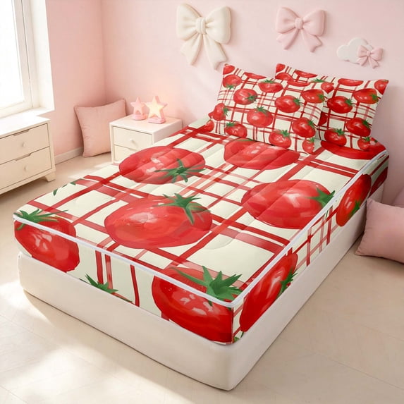 Erosebridal 3D Tomato Zipper Twin Comforter Sets with Fitted Sheet and 2 Pillowcases, Botanical Fruit Zipper Bedding Set, Polka Dots Reversible