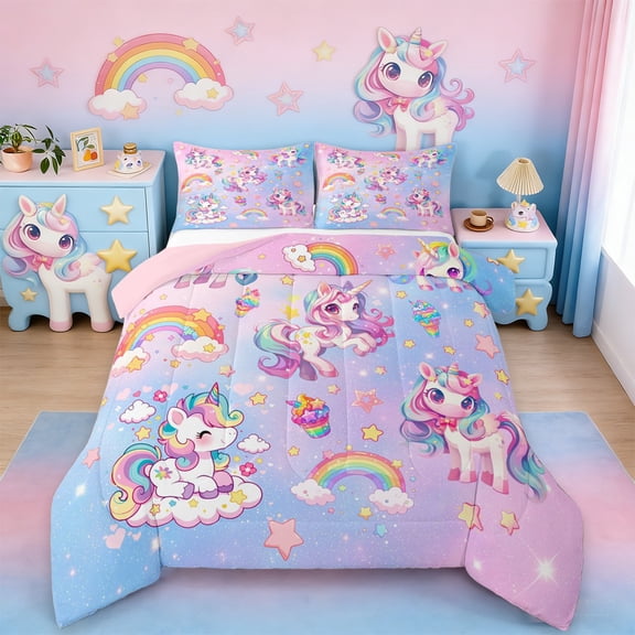 Erosebridal 3D Unicorn Animal Queen Comforter Set,Kawaii Rainbow Ice Cream Print Bedding Comforter Set For Kids,Reversible Pink 3 Pieces