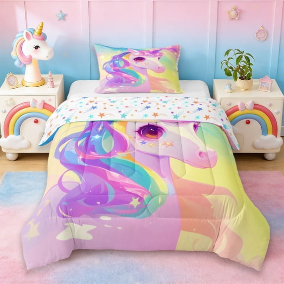 Erosebridal 3D Unicorn Kids Twin Comforter Sets,Colorful Magic Unicorn Animal Bedding Set For Girls,Reversible 2pcs