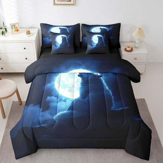Erosebridal 3D Wolf Bed in a Bag Full size, Neon Moon Bed Set, Jungle Wildlife Reversible Comforter Sets, Lightweight Room Decorative, 7-Piece