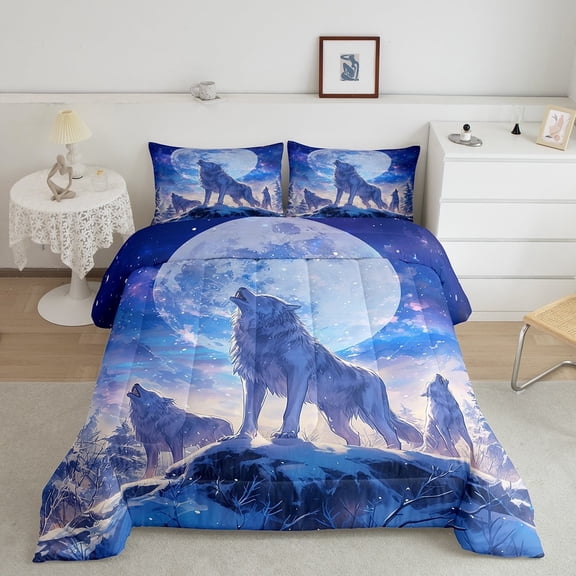 Erosebridal 3D Wolf Bedding Comforter Sets Winter Wolves On The Snow Mountain Bedding, Wild Animal Printed Comforter Set for Teens Adults Men Galaxy Moon Starry Sky Duvet Insert Full 3Pcs (Blue)