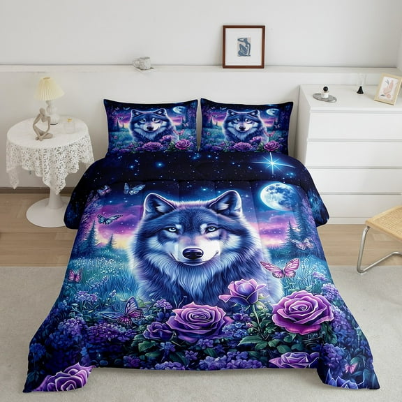 Erosebridal 3D Wolf Bedding Sets Twin with Comforter, Romantic Floral Duvet Insert, Moon Galaxy Room Decor, Reversible